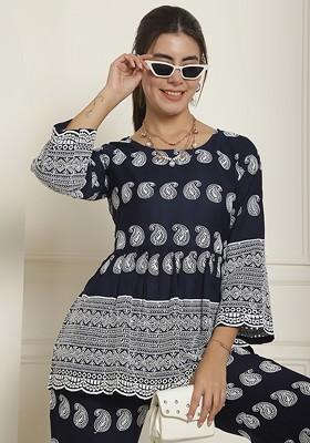 Navy Blue Printed Poly Blend Co Ord Set