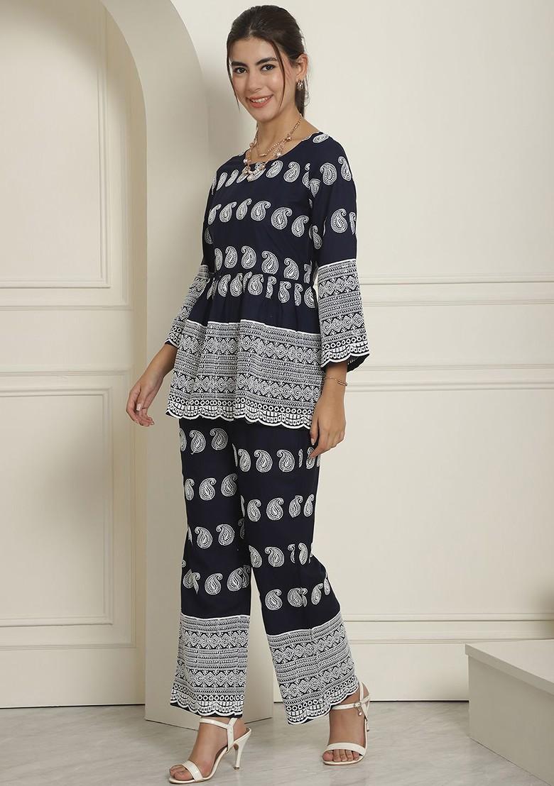 Navy Blue Printed Poly Blend Co Ord Set - Indya