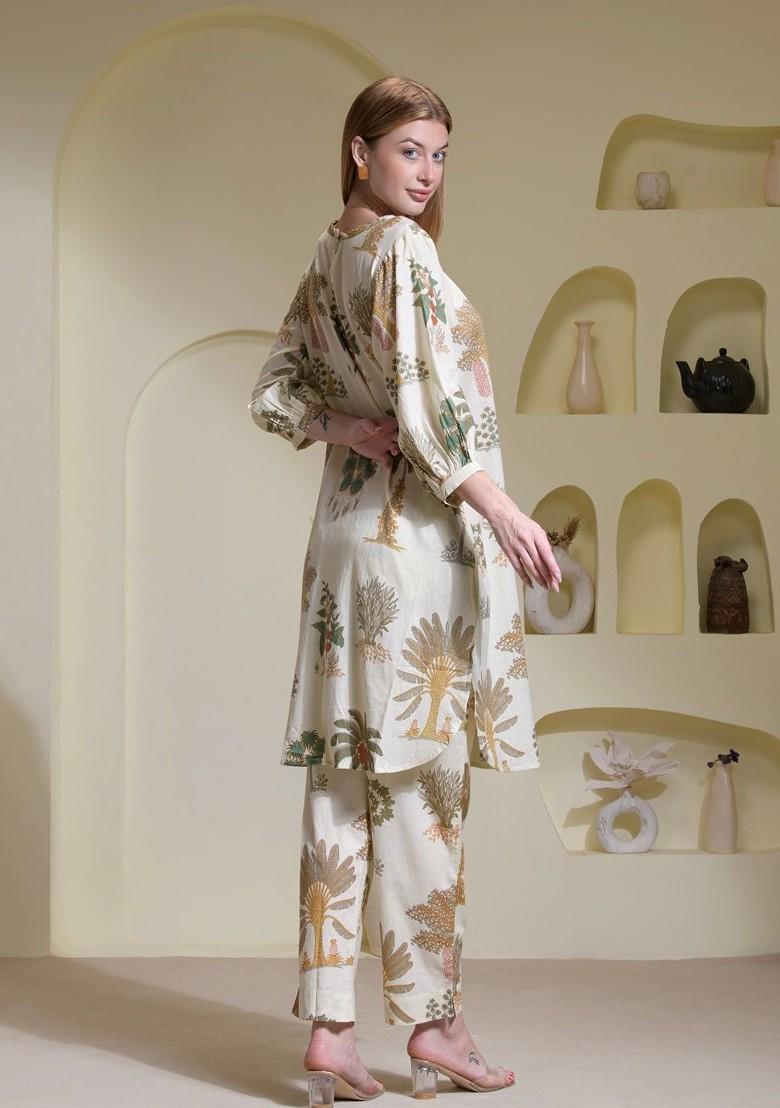 Cream Printed Cotton Co Ord Set - Indya
