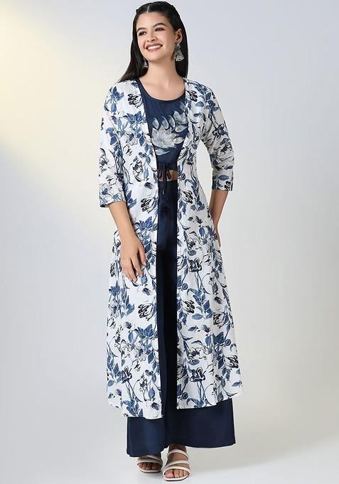 Navy Blue Printed Poly Blend Co Ord Set