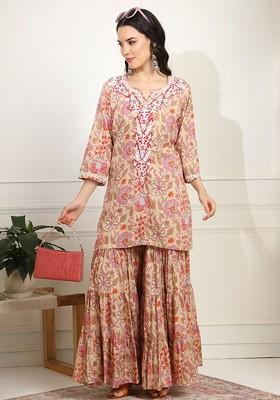 Beige Printed Cotton Co Ord Set