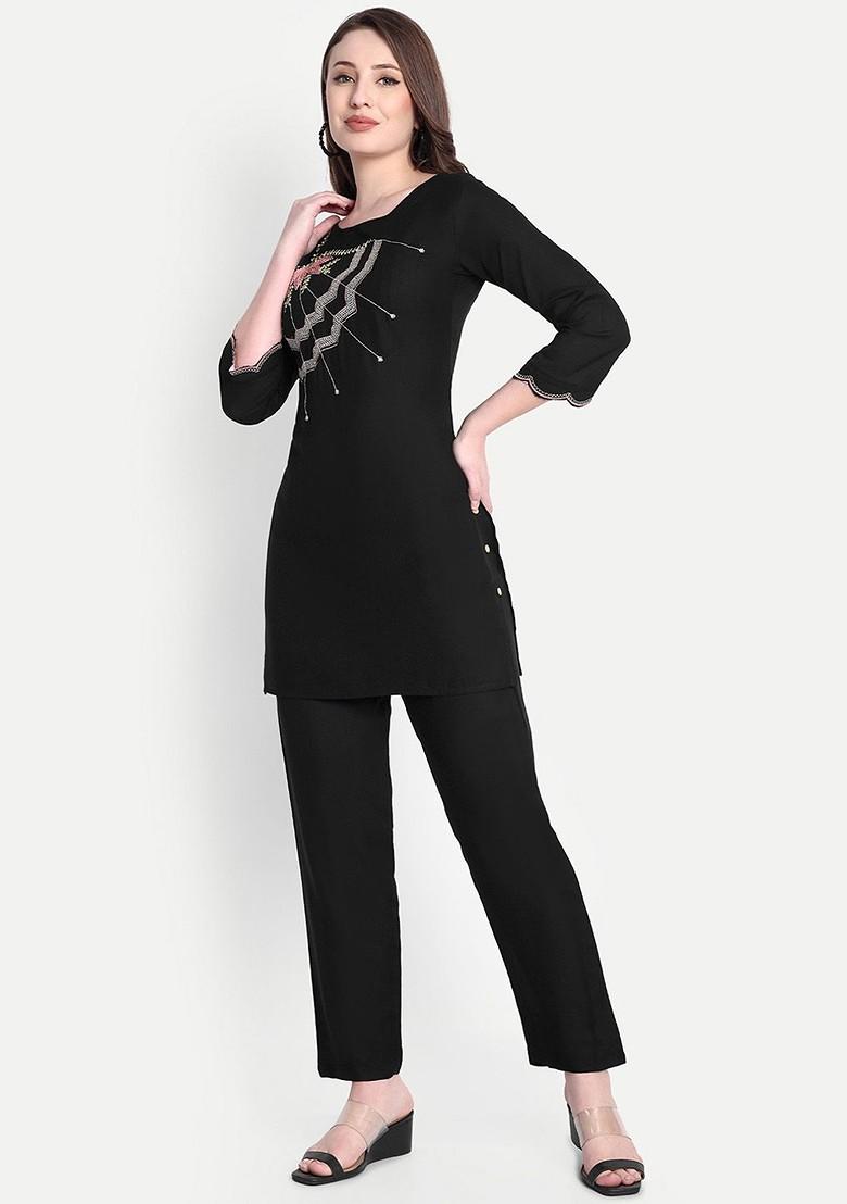 Black Printed Poly Blend Co Ord Set - Indya