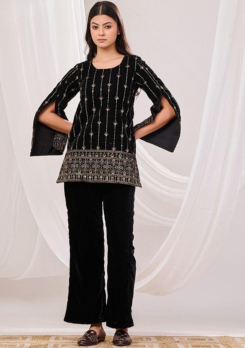 Black Printed Poly Blend Co Ord Set - Indya