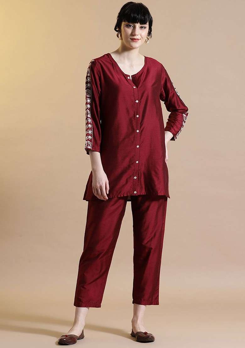 Maroon Printed Poly Blend Co Ord Set - Indya