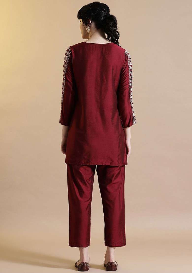 Maroon Printed Poly Blend Co Ord Set - Indya