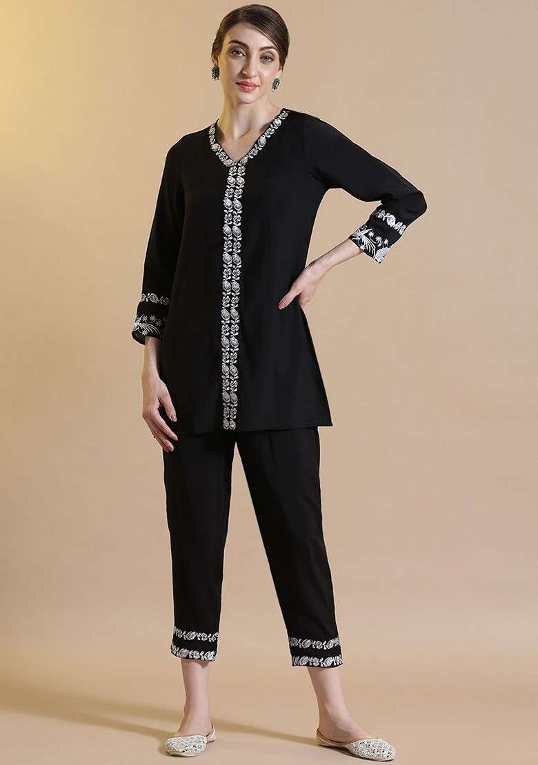 Black Printed Poly Blend Co Ord Set - Indya
