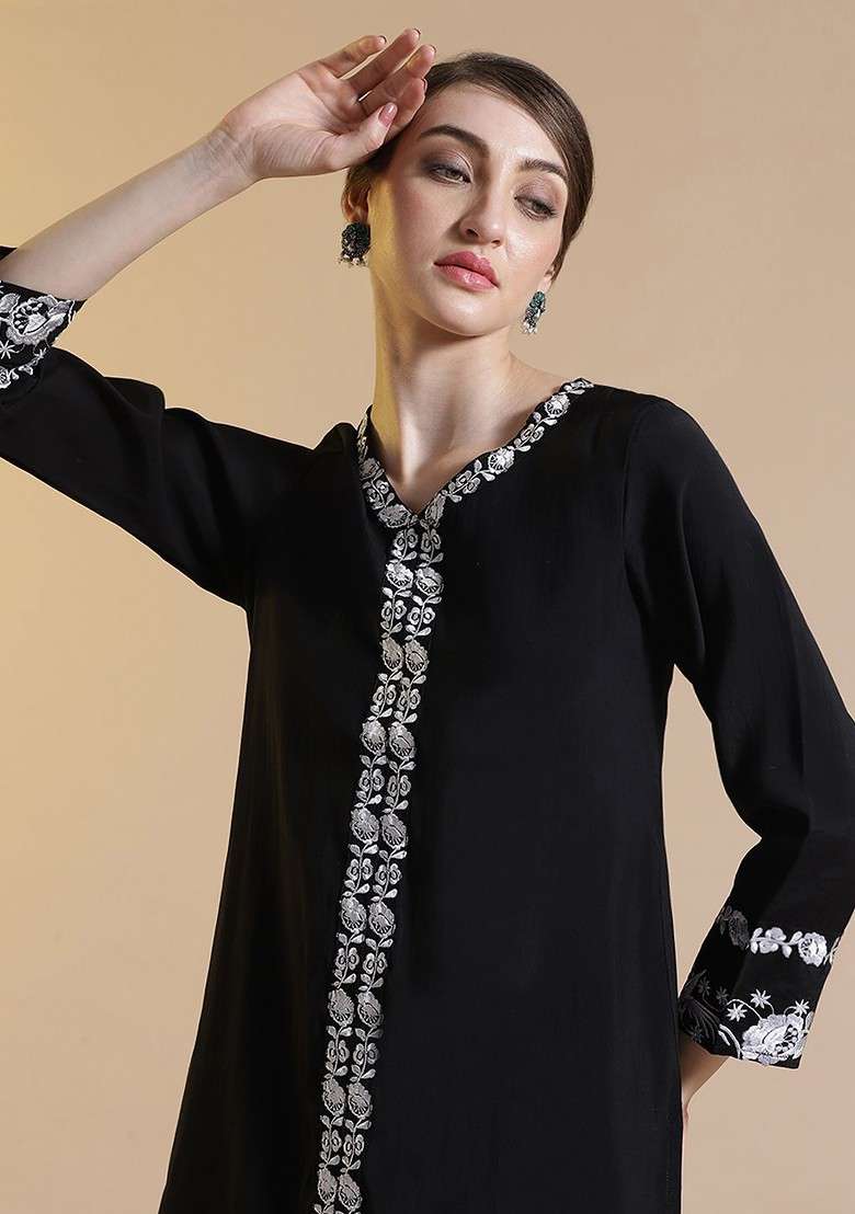 Black Printed Poly Blend Co Ord Set - Indya