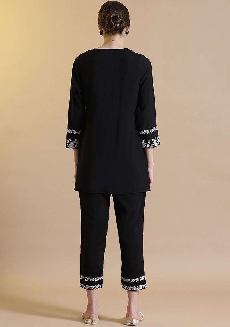 Black Printed Poly Blend Co Ord Set - Indya