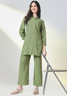 Green Printed Poly Blend Co Ord Set