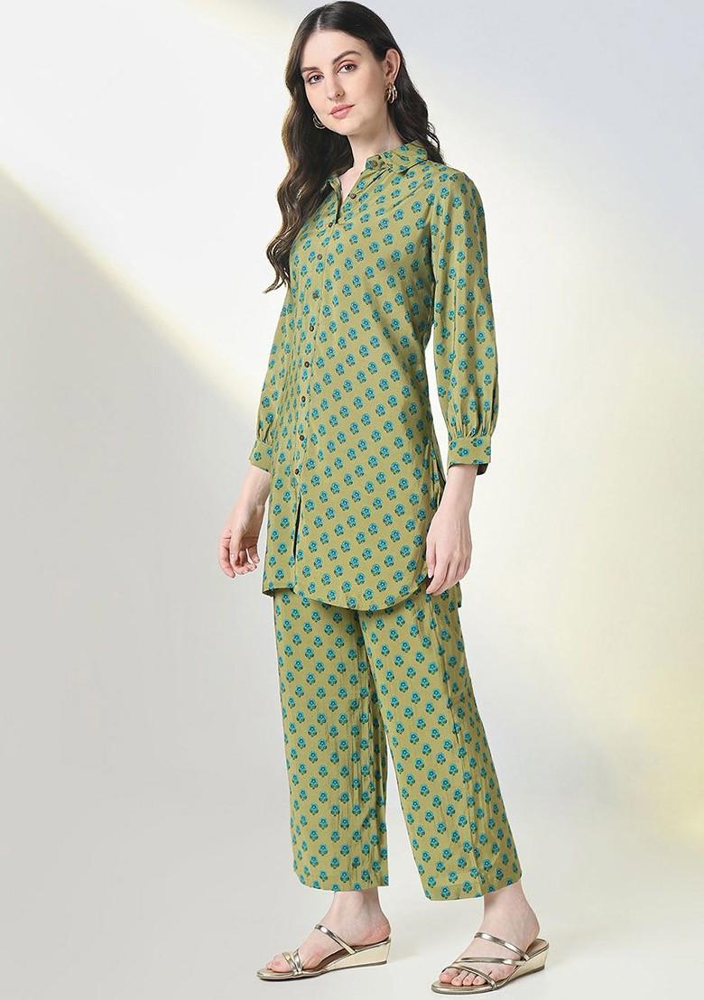Green Printed Poly Blend Co Ord Set - Indya