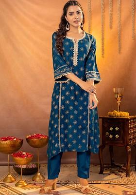 Teal Blue Printed Poly Blend Co Ord Set