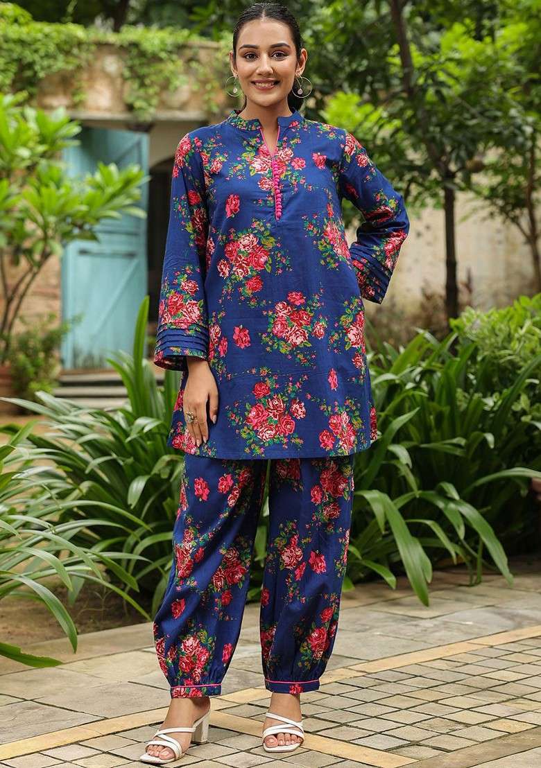 Blue Printed Cotton Co Ord Set - Indya