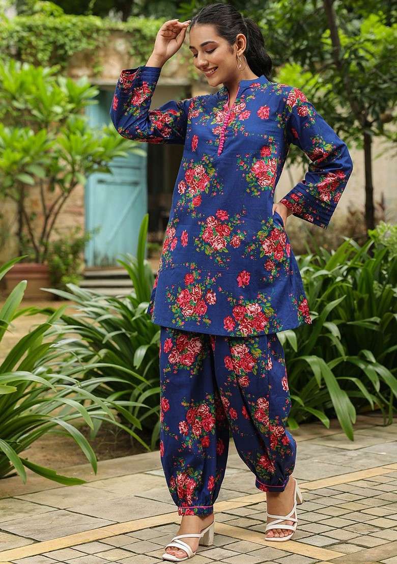 Blue Printed Cotton Co Ord Set - Indya