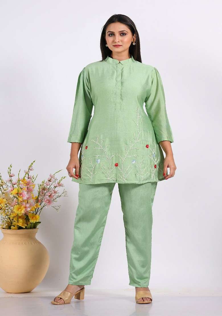 Green Printed Poly Blend Co Ord Set - Indya