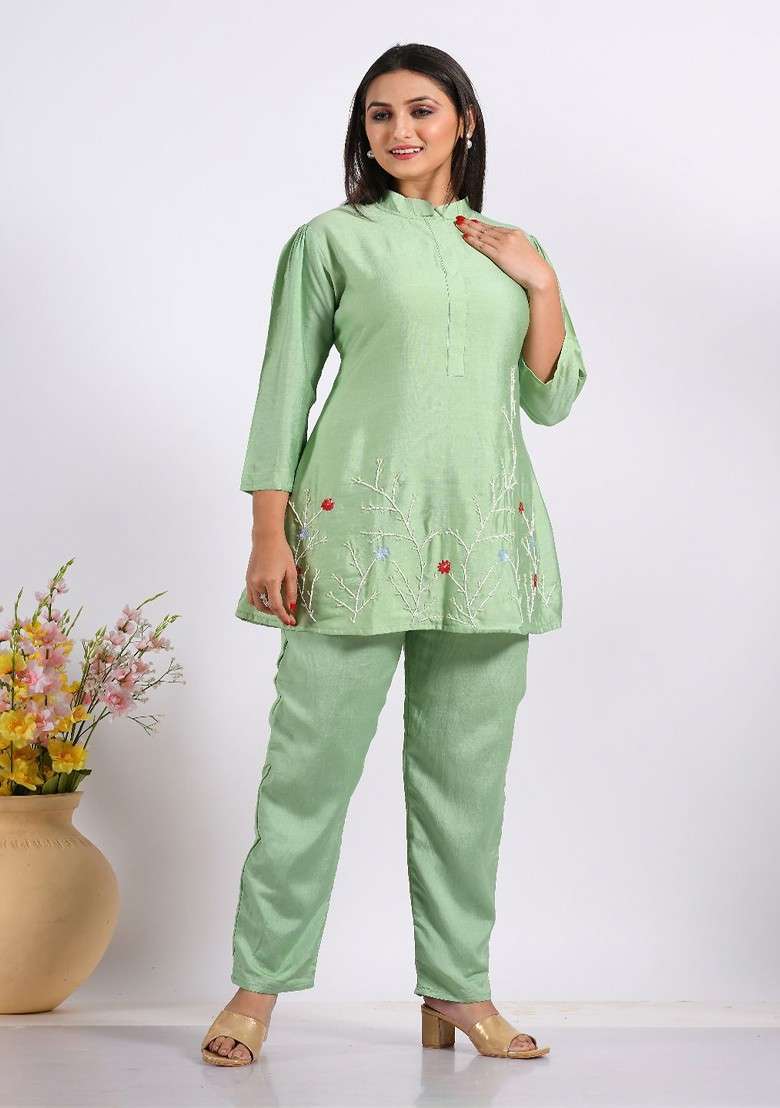 Green Printed Poly Blend Co Ord Set - Indya