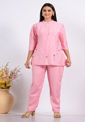 Pink Printed Poly Blend Co Ord Set