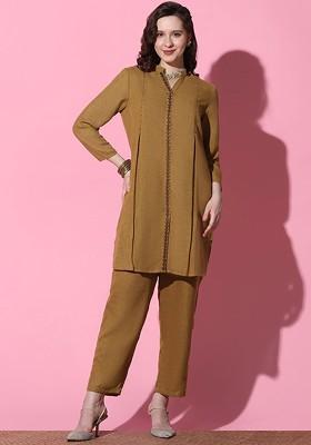 Mustard Yellow Printed Poly Blend Co Ord Set