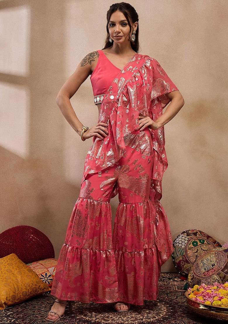 Coral Printed Poly Blend Co Ord Set - Indya