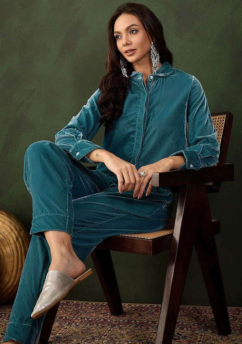 Teal Blue Printed Poly Blend Co Ord Set - Indya