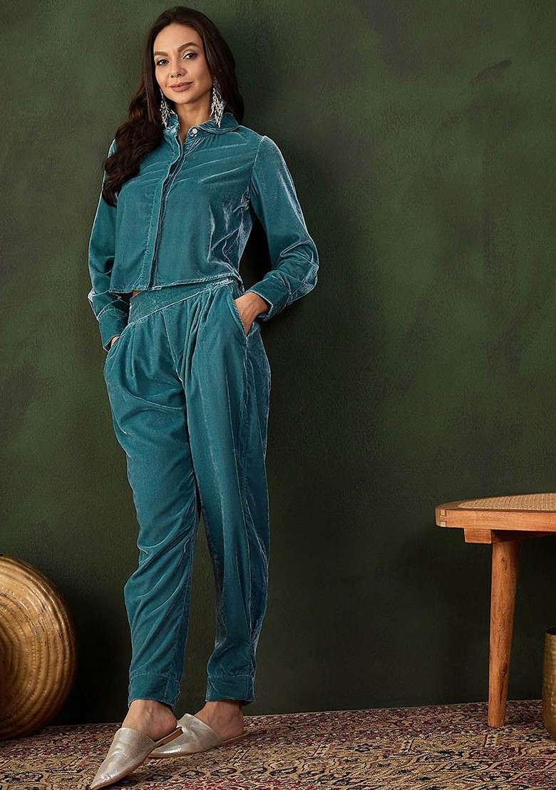 Teal Blue Printed Poly Blend Co Ord Set - Indya