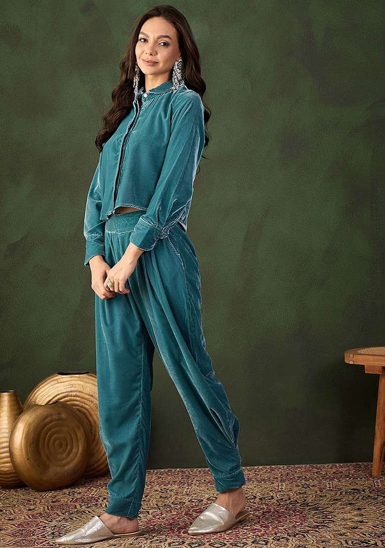 Teal Blue Printed Poly Blend Co Ord Set - Indya