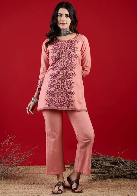 Peach Printed Poly Blend Co Ord Set