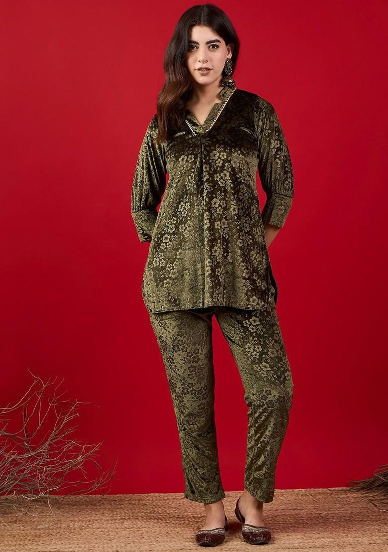 Olive Printed Poly Blend Co Ord Set - Indya