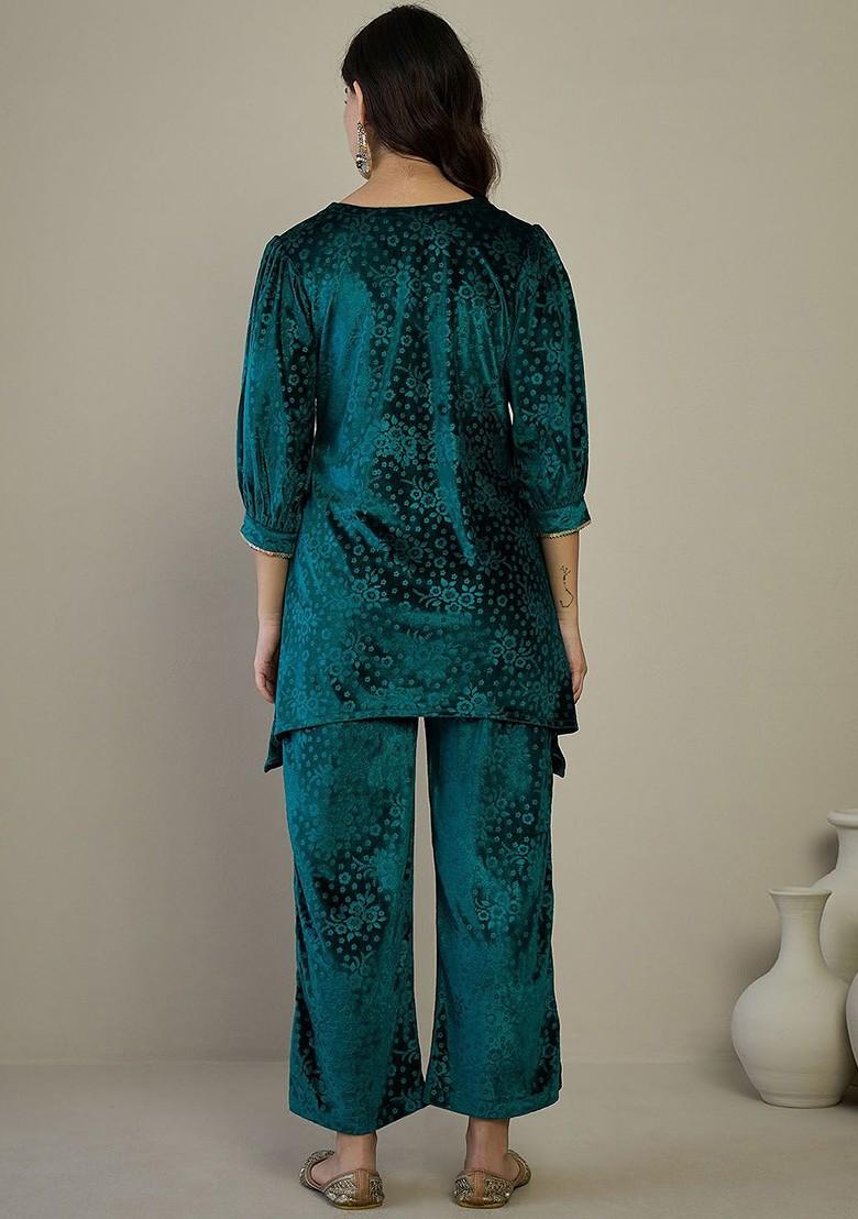 Green Printed Poly Blend Co Ord Set - Indya