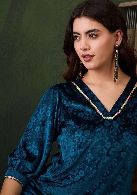 Teal Blue Printed Poly Blend Co Ord Set