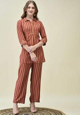 Mustard Yellow Printed Poly Blend Co Ord Set