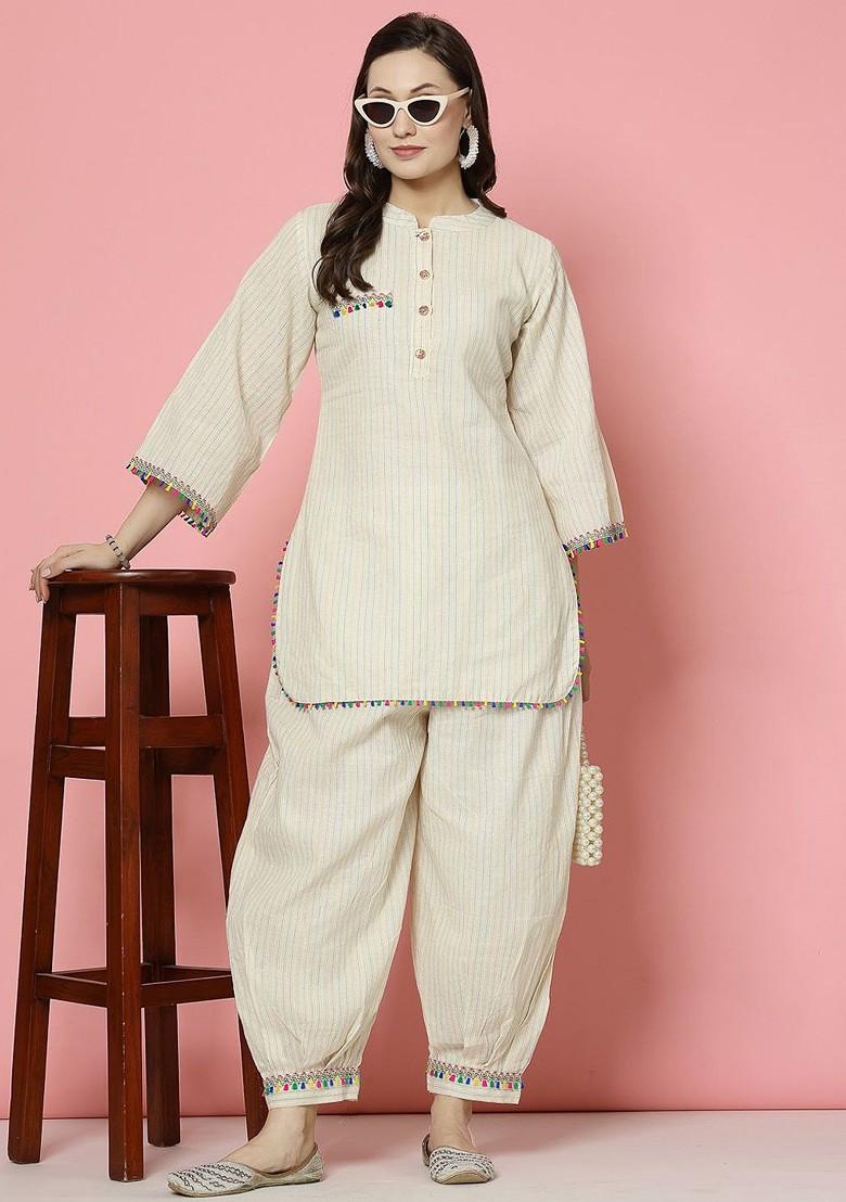 Cream Printed Poly Blend Co Ord Set - Indya