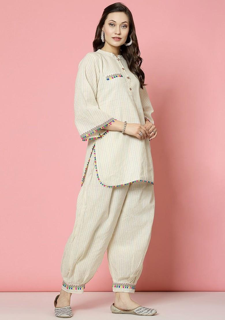 Cream Printed Poly Blend Co Ord Set - Indya