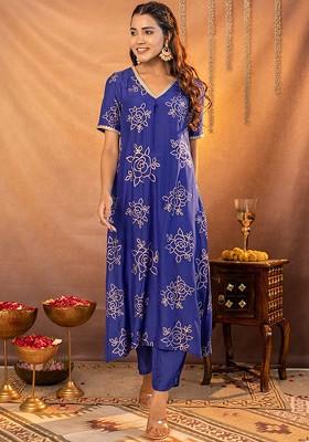 Blue Printed Poly Blend Co Ord Set