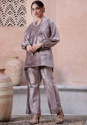 Mauve Blue Printed Poly Blend Co Ord Set