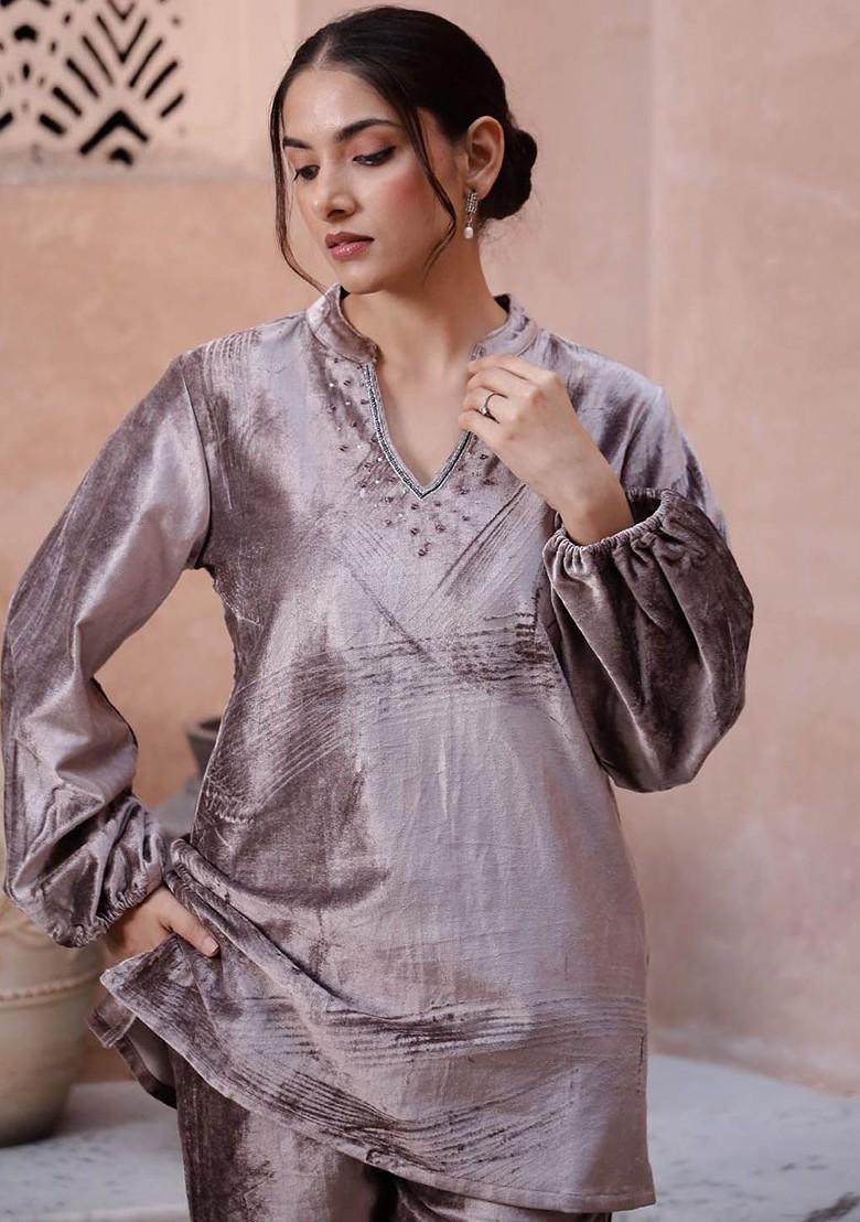 Mauve Blue Printed Poly Blend Co Ord Set - Indya