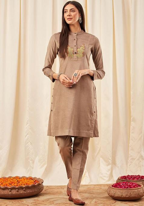 Khaki Printed Cotton Co Ord Set