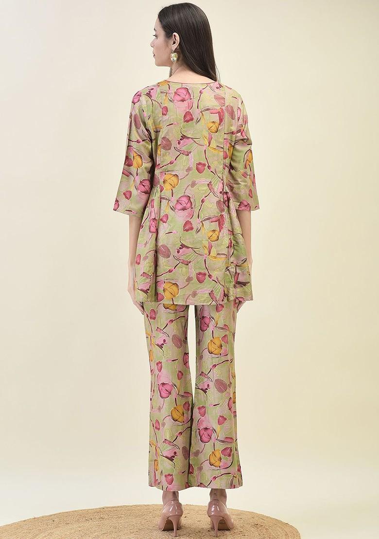 Green Printed Poly Blend Co Ord Set - Indya