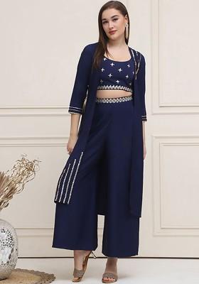 Navy Blue Printed Poly Blend Co Ord Set