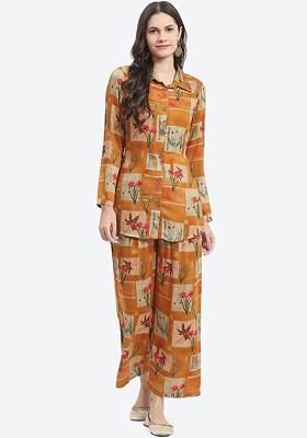 Mustard Yellow Printed Poly Blend Co Ord Set