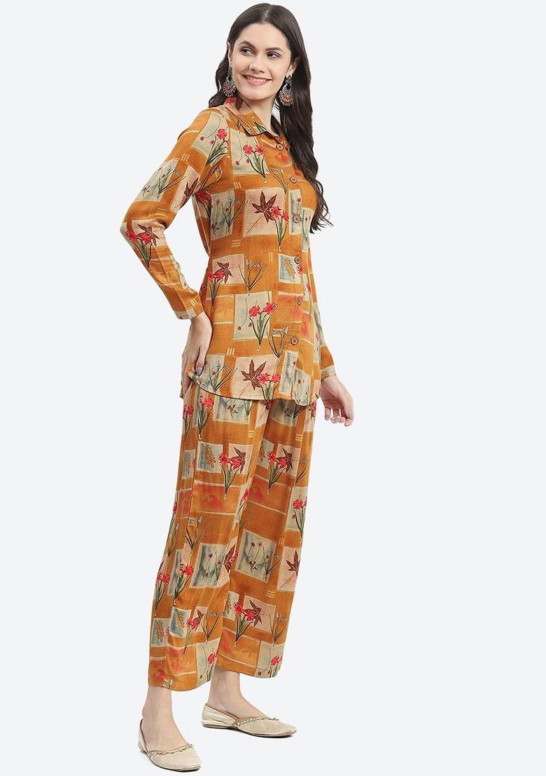 Mustard Yellow Printed Poly Blend Co Ord Set - Indya