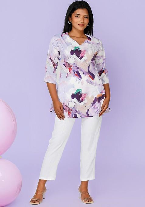 Lavender Printed Poly Blend Co Ord Set