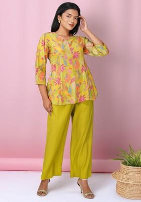 Lime Green Printed Poly Blend Co Ord Set