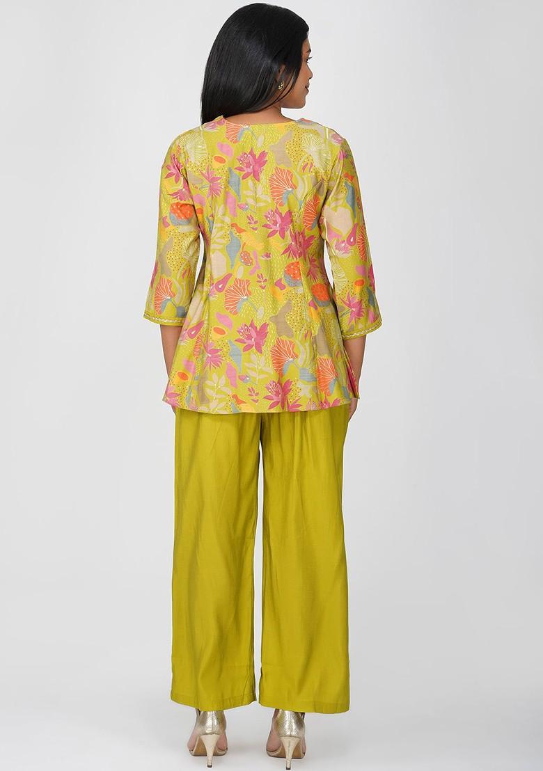 Lime Green Printed Poly Blend Co Ord Set - Indya