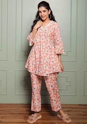 Peach Printed Poly Blend Co Ord Set