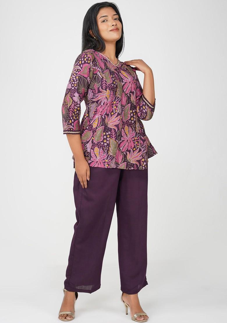Magenta Printed Poly Blend Co Ord Set - Indya