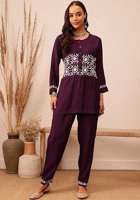 Burgundy Printed Poly Blend Co Ord Set