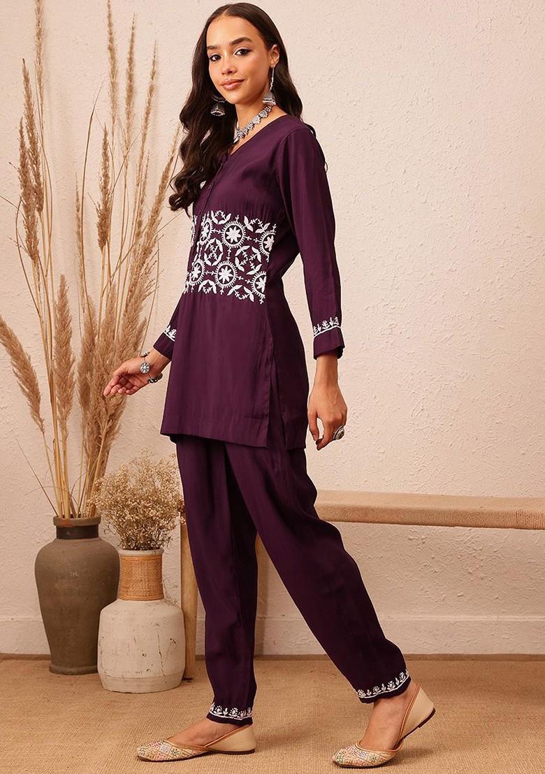 Burgundy Printed Poly Blend Co Ord Set - Indya