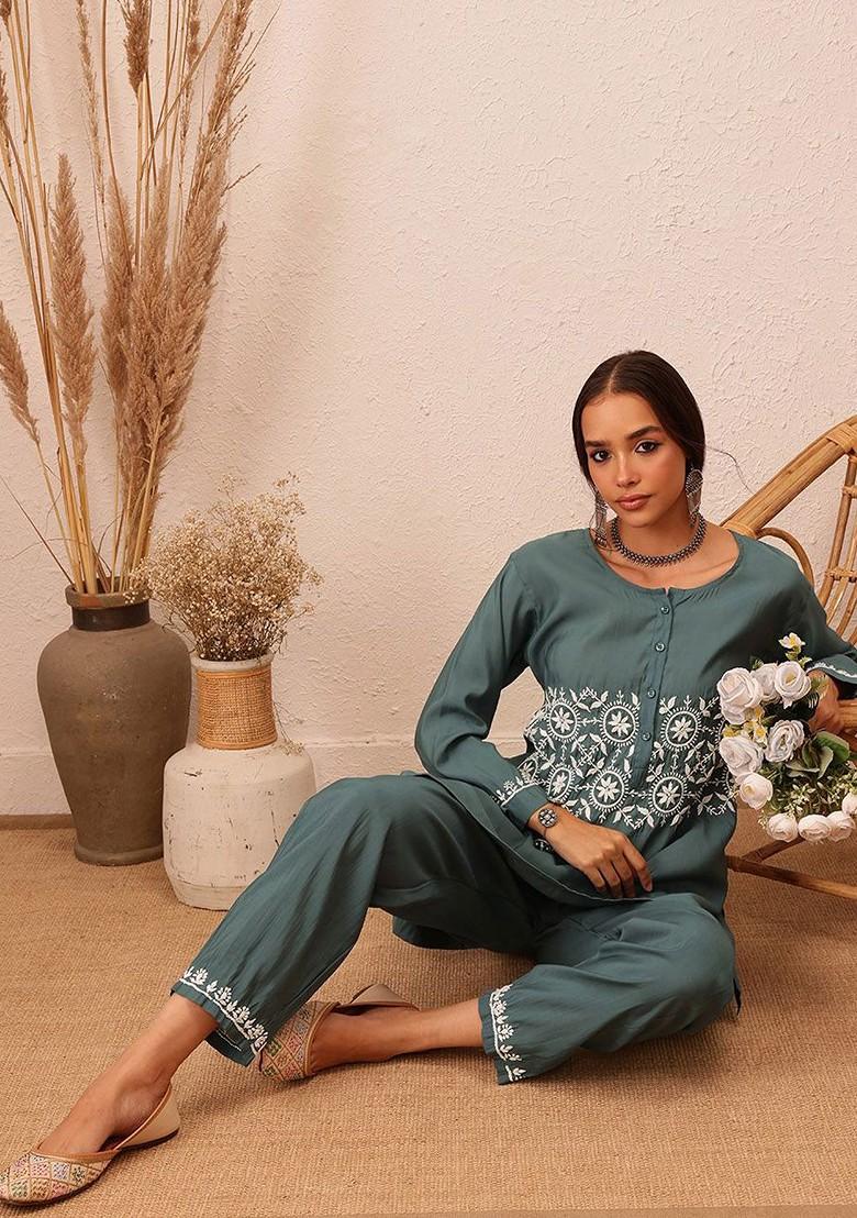 Grey Printed Poly Blend Co Ord Set - Indya