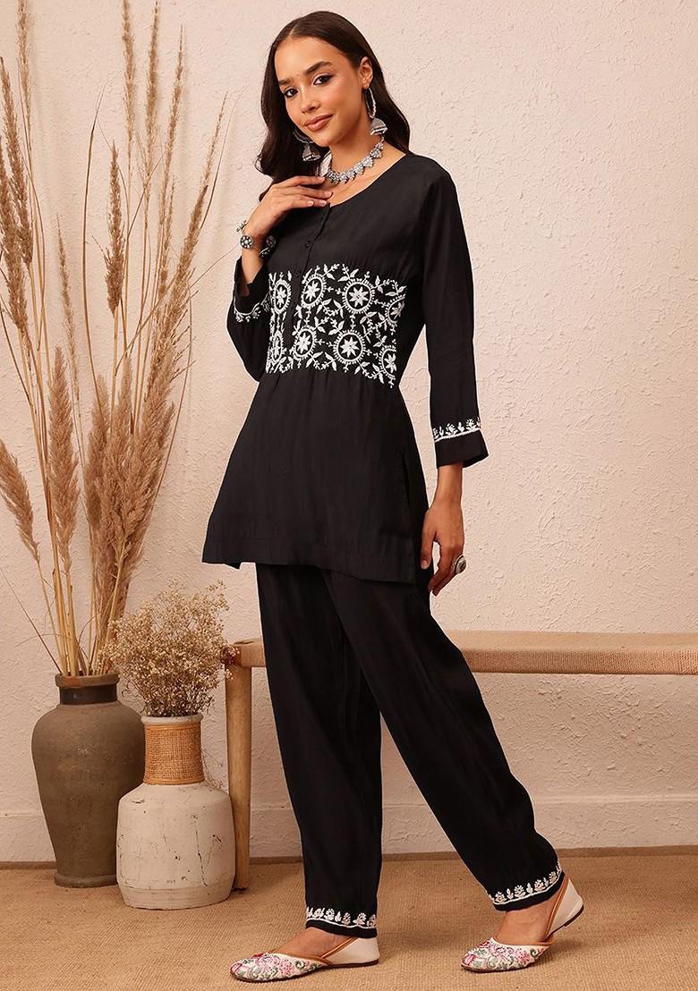Black Printed Poly Blend Co Ord Set - Indya