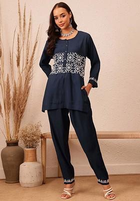 Navy Blue Printed Poly Blend Co Ord Set